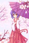  blue_hair brown_eyes cherry_blossoms flower hairband highres japanese_clothes little_busters! miko nishizono_mio orange_eyes oriental_umbrella short_hair smile solo umbrella wakabaneko 