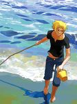  bad_id bad_pixiv_id barefoot beach black_eyes blonde_hair bucket day denim denji_(pokemon) gum_(gmng) holding jeans male_focus outdoors pants pokemon pokemon_(game) shirt solo stick t-shirt water 