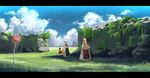  blonde_hair chen cloud day garnet grass multiple_girls no_hat no_headwear road_sign ruins scenery sign sky touhou yakumo_ran yakumo_yukari 