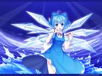  33paradox :3 ahoge bad_id bad_pixiv_id blue_eyes blue_hair bow bracelet cirno dress hair_bow highres jewelry moonbeam moonlight night smile solo star touhou wallpaper wings 