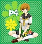  bad_id bad_pixiv_id brown_hair crossed_legs food persona persona_4 satonaka_chie school_uniform shoes short_hair sitting skirt snack socks solo 