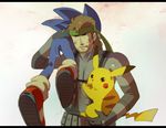  bone_(stare) brown_hair caloriemate carrying eating gen_1_pokemon gloves headband letterboxed metal_gear_(series) metal_gear_solid pikachu pokemon pokemon_(creature) solid_snake sonic sonic_the_hedgehog super_smash_bros. 