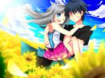  1girl bad_id bad_pixiv_id black_hair blue_eyes carrying casual flower highres inohara_masato little_busters! long_hair noumi_kudryavka one_eye_closed princess_carry shizuki_sayaka short_hair silver_hair sunflower 