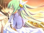  blush eru game_cg green_hair kiss long_hair nimura_yuushi osananajimi_wa_daitouryou ribbons sky sunset twintails 