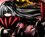  black_hair dark dual_wielding fan folding_fan glowing glowing_eyes holding houraisan_kaguya kogemeshi long_hair red_eyes sketch solo touhou 