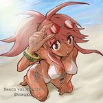  bikini bracelet dark_skin front-tie_top hinomaru_(firesoul) jewelry kneeling perspective red_eyes red_hair side-tie_bikini solo sunglasses swimsuit 