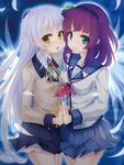  angel_beats! blush green_eyes highres holding_hands kujou_ichiso long_hair looking_at_viewer multiple_girls purple_hair school_uniform serafuku smile tenshi_(angel_beats!) yellow_eyes yuri_(angel_beats!) 