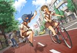  2girls :d architecture arm_support arm_up bicycle black_legwear blue_eyes blue_hair broom broom_riding brown_eyes brown_hair building car city coca-cola crossed_legs day earrings ground_vehicle haruta jewelry kneehighs legs midriff motor_vehicle multiple_girls no_socks open_mouth original riding road school_uniform serafuku shoes short_hair sidesaddle simulex sitting skirt sky smile socks street tree truck van vanishing_point waving 