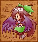  arm_cannon asymmetrical_clothes bow brown_hair chibi green_bow hair_bow long_hair mismatched_footwear partially_translated profile reiuji_utsuho smile solo tilde_(ice_cube) too_literal touhou translation_request very_long_hair weapon wings 