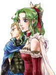  1boy 1girl armor bare_shoulders blonde_hair blue_eyes cape choker couple detached_sleeves earrings edgar_roni_figaro female final_fantasy final_fantasy_vi green_hair hige_tei higeking jewelry long_hair male ponytail red_ribbon ribbon tina_branford 