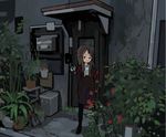  backpack bag brown_hair child doorway long_hair original pantyhose plant shimura_nobuo solo 