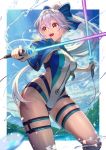  1girl bangs blue_bow blue_sky blue_swimsuit bow breasts dual_wielding energy_sword fate/grand_order fate_(series) hair_between_eyes hair_bow highleg highleg_swimsuit highres holding large_breasts long_hair looking_to_the_side ocean one-piece_swimsuit open_mouth ponytail red_eyes silver_hair sky smile swimsuit sword thighs tomoe_gozen_(fate/grand_order) tomoe_gozen_(swimsuit_saber)_(fate) two-tone_swimsuit wading water weapon white_swimsuit yudoufu_(unify) 