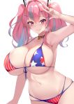  1girl american_flag_bikini armpits azur_lane bikini blue_hair blush breasts breath bremerton_(azur_lane) choker cleavage commentary_request cosplay fate/grand_order fate_(series) flag_print front-tie_bikini front-tie_top hair_between_eyes headgear highres huge_breasts kuavera long_hair looking_at_viewer miyamoto_musashi_(fate/grand_order) miyamoto_musashi_(swimsuit_berserker)_(fate) miyamoto_musashi_(swimsuit_berserker)_(fate)_(cosplay) mole mole_under_eye multi-strapped_bikini navel pink_eyes pink_hair sideboob simple_background skindentation smile solo sweatdrop swimsuit twintails underboob v white_background 