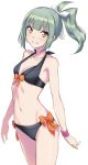  1girl bare_arms bare_shoulders bikini blush bow breasts brown_eyes cowboy_shot eyebrows_visible_through_hair green_hair hair_ribbon highres kantai_collection kumadano long_hair looking_at_viewer navel orange_bow ponytail ribbon simple_background smile solo swimsuit white_background white_ribbon wristband yuubari_(kantai_collection) 