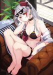  1girl absurdres aoiro_(t_aoiro123) azur_lane bare_shoulders barefoot bikini black_bikini black_choker breasts chair cheek_rest choker cleavage collarbone deal_with_it earrings eyewear_on_head feet feet_on_chair flag_print from_above german_flag_bikini grey_hair highres jacket jewelry knees_up long_hair looking_at_viewer medium_breasts multicolored_hair navel off_shoulder open_clothes open_jacket orange_eyes prinz_eugen_(azur_lane) prinz_eugen_(unfading_smile)_(azur_lane) sitting slit_pupils solo streaked_hair string_bikini sunglasses swimsuit thigh_strap two_side_up white_jacket 