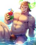 1boy abs animal_ears bangs bara blush brown_hair bulge chest coconut facial_hair feathers feet_out_of_frame forked_eyebrows glowing_horns goatee highres horns jockstrap male_focus manly muscle navel nipples pectorals rugby_ball shirtless short_hair sideburns smile solo thick_eyebrows thick_thighs thighs tokyo_houkago_summoners underwear wakan_tanka waku_(ayamix) water wet 