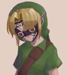  1boy arms_at_sides blonde_hair border brown_background closed_mouth commentary_request green_headwear green_shirt highres link mask mazel pointy_ears red_eyes shirt short_hair simple_background the_legend_of_zelda the_legend_of_zelda:_majora&#039;s_mask white_border 