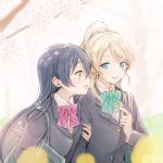  2girls artist_name ayase_eli bag blazer blonde_hair blue_eyes blue_jacket hoshizora_rin jacket long_hair long_sleeves love_live! love_live!_school_idol_project multiple_girls otonokizaka_school_uniform ponytail school_bag school_uniform smile sonoda_umi suito yellow_eyes 