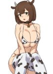  1girl animal_ears animal_print bell bikini breasts brown_hair cleavage collar collarbone covered_nipples cow_bell cow_ears cow_girl cow_horns cow_print eyebrows_visible_through_hair feet_out_of_frame green_eyes hands_on_own_crotch horns houtengeki large_breasts micro_bikini open_mouth original short_hair simple_background skindentation solo swimsuit thighhighs white_background 