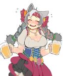  1girl ^_^ alcohol animal_ears bare_arms bear_ears bear_girl beer beer_mug blush braid breasts cleavage closed_eyes commentary_request corset cup dirndl drink embarrassed extra_ears eyebrows_visible_through_hair ezo_brown_bear_(kemono_friends) facing_viewer fang fingernails flower flying_sweatdrops furrowed_eyebrows german_clothes grey_hair grey_nails hair_ribbon headband highres holding holding_cup igarashi_(nogiheta) jewelry kemono_friends kemono_friends_3 large_breasts long_hair mug multicolored_hair nail_polish open_mouth pendant ribbon short_sleeves smile solo twin_braids upper_body 