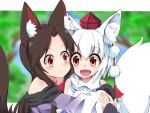  2girls animal_ears bare_shoulders brown_hair closed_mouth detached_sleeves dress eyebrows_visible_through_hair hat hug imaizumi_kagerou inubashiri_momiji jeff17 long_hair long_sleeves multiple_girls off-shoulder_dress off_shoulder open_mouth pom_pom_(clothes) red_eyes shirt short_hair silver_hair sleeveless sleeveless_shirt tail tokin_hat touhou turtleneck white_shirt wolf_ears wolf_tail 