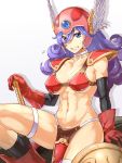  1girl abo_(hechouchou) abs armor bikini_armor blue_eyes breasts choker commentary_request dragon_quest dragon_quest_iii elbow_gloves gloves helmet highres long_hair pelvic_curtain purple_hair red_footwear red_gloves red_helmet revealing_clothes shadow shield soldier_(dq3) sweatdrop thigh_strap warrior weapon winged_helmet 