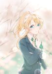  1girl ayase_eli blazer blonde_hair blue_eyes blue_jacket bow bowtie commentary_request green_neckwear hand_up highres jacket long_hair long_sleeves looking_at_viewer love_live! love_live!_school_idol_project otonokizaka_school_uniform petals ponytail school_uniform scrunchie smile solo suito tearing_up upper_body white_scrunchie 