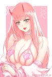  1girl bangs bare_shoulders breasts cleavage collar collarbone commentary_request darling_in_the_franxx eyebrows_visible_through_hair fang fur_trim green_eyes heart heart_bra horns koshio large_breasts licking_lips long_hair looking_at_viewer oni_horns pink_collar pink_hair smile solo tongue tongue_out upper_body zero_two_(darling_in_the_franxx) 