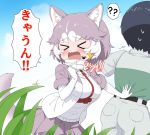  &gt;_&lt; 1girl 1other ? ?? animal_ears belt blush bug captain_(kemono_friends) commentary_request dog_(mixed_breed)_(kemono_friends) dog_ears dog_girl dog_tail elbow_gloves eyebrows_visible_through_hair fang gloves grey_hair grey_jacket grey_skirt harness highres insect jacket kemono_friends kemono_friends_3 ladybug multicolored_hair open_mouth pleated_skirt ransusan scarf short_hair short_sleeves skirt spoken_question_mark sweatdrop sweater tail translation_request uniform white_gloves white_hair white_scarf white_sweater 