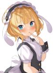  1girl bangs blonde_hair blue_eyes blush breasts center_frills commentary_request eyebrows_visible_through_hair finger_to_mouth frills from_side gochuumon_wa_usagi_desu_ka? kirima_sharo looking_at_viewer medium_breasts open_mouth raru0310 short_hair simple_background solo white_background 