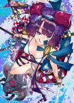  1girl :d abstract_background absurdres aka_shiro_kiiro bangs bikini bird blue_eyes bow bracelet checkered_pattern dual_wielding fate/grand_order fate_(series) floral_print flower hair_flower hair_ornament highres holding jewelry kanzashi katana katsushika_hokusai_(swimsuit_saber)_(fate) open_mouth purple_hair smile solo swimsuit sword thigh_strap weapon 