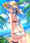  1girl ass ass_support bikini blue_eyes blue_hair blush breasts butt_crack eyebrows_visible_through_hair from_behind gotland_(kantai_collection) hair_between_eyes hat highres kantai_collection long_hair looking_at_viewer looking_back mole mole_under_eye open_mouth ryu-akt smile solo sun_hat swimsuit thighs white_bikini 