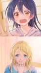  2girls ayase_eli bangs blonde_hair blue_eyes blue_hair blush embarrassed long_hair love_live! love_live!_school_idol_project multiple_girls nose_blush open_mouth raised_eyebrows smile sonoda_umi suito wavy_mouth yellow_eyes 