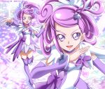 1girl arm_warmers boots breasts brooch choker collarbone commentary_request cure_sword dated dokidoki!_precure earrings eyebrows forehead frills full_body hair_ornament hanzou high_ponytail highres jewelry kenzaki_makoto magical_girl open_mouth precure purple_background purple_choker purple_eyes purple_footwear purple_hair purple_skirt ribbon skirt small_breasts smile solo spade_(shape) spade_earrings spade_hair_ornament sparkle_background thigh_boots thighhighs twitter_username 