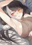  1girl absurdres armpits bangs black_hair blush breasts eyebrows_visible_through_hair girls_frontline heterochromia highres long_hair lying multicolored_hair on_back red_eyes ro635_(girls_frontline) sleeveless sleeveless_turtleneck solo sweater torieto turtleneck turtleneck_sweater twintails white_hair yellow_eyes 