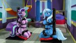  16:9 anthro bdsm bite biting_lip blush bondage bound cutie_mark duo equid equine female friendship_is_magic hammock hasbro hi_res horn horn_ring kneeling leather_straps magic_wand magician_hat mammal mostly_nude my_little_pony pillow quakehoof starlight_glimmer_(mlp) trixie_(mlp) unicorn widescreen 