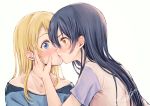  2girls artist_name ayase_eli bangs bare_shoulders blonde_hair blue_eyes blue_hair blush eye_contact face-to-face hand_on_another&#039;s_cheek hand_on_another&#039;s_face jewelry kiss long_hair looking_at_another love_live! love_live!_school_idol_project multiple_girls necklace short_sleeves signature simple_background sonoda_umi suito white_background yellow_eyes yuri 