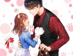  1boy 1girl :o animal_ears bell black_hair black_neckwear black_vest blue_shirt blush brown_hair cat_ears cat_tail closed_eyes gloves hair_ornament hand_on_another&#039;s_waist hetero iji_(u_mayday) jingle_bell li_zeyan long_hair long_sleeves love_and_producer necktie pants paw_gloves paws protagonist_(love_and_producer) red_shirt shirt simple_background skirt spoken_food standing tail vest white_skirt 