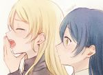  2girls artist_name ayase_eli blonde_hair closed_eyes grey_sweater hand_up long_hair long_sleeves love_live! love_live!_school_idol_project multiple_girls sonoda_umi suito sweater turtleneck turtleneck_sweater yawning yellow_eyes 