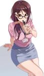  1girl arm_support bangs between_breasts black-framed_eyewear blush breasts brown_eyes brown_hair bubble_tea collarbone commentary_request crossed_legs cup disposable_cup drinking drinking_straw from_above glasses hair_ornament hair_over_shoulder hair_scrunchie hairclip highres holding igarashi_kyouhei large_breasts long_hair looking_at_viewer love_live! love_live!_school_idol_project love_live!_sunshine!! miniskirt pencil_dress pencil_skirt pink_shirt sakurauchi_riko scrunchie shadow shirt short_sleeves sitting skirt solo strap_between_breasts white_background 