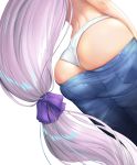  1girl ass ass_focus blue_pants bow denim dutch_angle fate/grand_order fate_(series) hair_bow highres jeans kariza long_hair low-tied_long_hair low_ponytail lower_body panties pants panty_pull purple_bow rider simple_background solo underwear very_long_hair white_background white_panties 