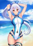  1girl absurdres armpits arms_behind_head arms_up artist_request bangs beach blue_bow blue_sky blue_swimsuit blush bow breasts fate/grand_order fate_(series) hair_between_eyes hair_bow highleg highleg_swimsuit highres large_breasts long_hair looking_at_viewer ocean one-piece_swimsuit ponytail red_eyes silver_hair sky smile swimsuit thighs tomoe_gozen_(fate/grand_order) tomoe_gozen_(swimsuit_saber)_(fate) two-tone_swimsuit white_swimsuit 