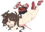  1girl absurdres ass bangs blush bra breasts brown_eyes brown_hair cloba eyebrows_visible_through_hair from_above full_body highres idolmaster idolmaster_cinderella_girls long_hair looking_at_viewer lying on_stomach panties shimamura_uzuki shoes simple_background sneakers solo underwear underwear_only white_background white_panties 