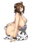  1girl animal_ears animal_print ass bangs bare_shoulders bell blush breasts brown_hair cleavage collarbone covered_nipples cow_bell cow_ears cow_girl cow_horns cow_print cuffs ear_tag green_eyes highres horns houtengeki huge_breasts looking_at_viewer original short_hair simple_background sitting solo thighhighs thighs wariza white_background 