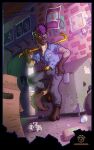  absurd_res alley anthro barefoot bottomwear clothed clothing crowbar dumpster ear_piercing ear_ring gnarly grin hair hi_res hyaenid jeans jewelry male mammal mechanic mohawk_(hairstyle) pants piercing punk purple_hair smile solo spotted_hyena sunpaw_studios trash 