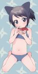  1girl animal_ears bangs bare_shoulders barefoot belt_collar bikini blush cat_ears collar dororo_(character) dororo_(tezuka) eyebrows_visible_through_hair looking_at_viewer mizuno_uchi navel open_mouth sitting solo swimsuit wariza 