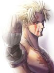  1boy bangs bara beowulf_(fate/grand_order) blonde_hair chest facial_hair fate/grand_order fate_(series) goatee male_focus manly muscle pectorals red_eyes scar shirtless short_hair smile solo tattoo upper_body waku_(ayamix) 
