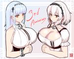  2girls anchor_choker anniversary apron azur_lane bare_shoulders breasts center_frills cleavage dido_(azur_lane) earrings frills hands_together highres huge_breasts jewelry large_breasts light_blue_hair long_hair looking_at_viewer maid maid_dress maid_headdress multiple_girls puffy_short_sleeves puffy_sleeves red_eyes shivelight short_hair short_sleeves sirius_(azur_lane) underboob_cutout upper_body waist_apron white_hair 