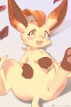  2:3 3_fingers 3_toes alternate_color amber_eyes ambiguous_gender ancesra anthro black_nose brown_ears brown_inner_ear brown_markings cheek_tuft chest_tuft cute_fangs digital_media_(artwork) eeveelution eyebrows eyelashes facial_tuft featureless_crotch fingers front_view fur gloves_(marking) gradient_background grey_text hair hand_on_leg hand_on_thigh handpaw head_tuft hi_res high-angle_view hindpaw iris leaf leaf_ears leaf_hair leafeon leg_markings leg_tuft looking_at_viewer lying markings moss_(ancesra) multicolored_ears nintendo nude on_back open_mouth open_smile orange_ears orange_hair pawpads paws pink_pawpads pink_tongue plant plant_hair pok&eacute;mon pok&eacute;mon_(species) portrait pseudo_hair pupils semi-anthro shadow simple_background smile socks_(marking) solo spread_legs spreading text three-quarter_portrait toes tongue tuft url video_games yellow_body yellow_ears yellow_fur yellow_pupils yellow_tail 