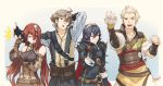  2boys 2girls ahoge arm_behind_head bare_shoulders blonde_hair blue_hair brown_eyes brown_hair closed_eyes fire_emblem fire_emblem_awakening fire_emblem_fates hand_on_own_chin hand_up highres inigo_(fire_emblem) long_hair looking_down lucina_(fire_emblem) md5_mismatch multiple_boys multiple_girls odin_(fire_emblem) open_mouth owain_(fire_emblem) ozkh6 red_eyes red_hair selena_(fire_emblem_fates) severa_(fire_emblem) simple_background slapping smirk twintails white_background yawning 